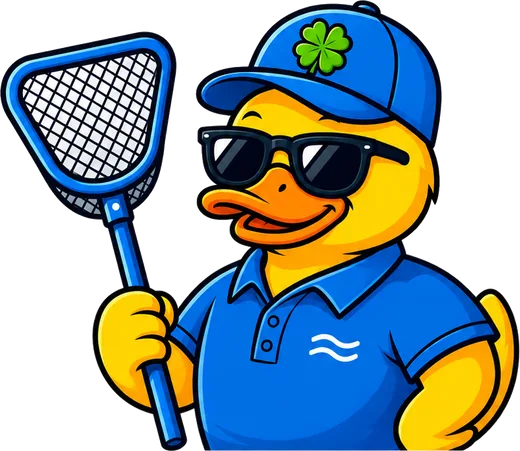 The Lucky Duck Pools duck, in sunglasses and a blue cap, holding a skimmer net