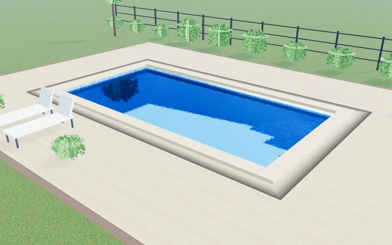 Rendering of a backyard pool with blue pebble finish, glass tile and travertine coping
