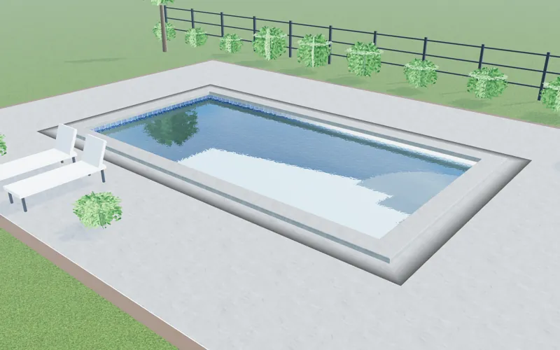 Rendering of the same pool before work, with worn stained plaster and a scaled tile line